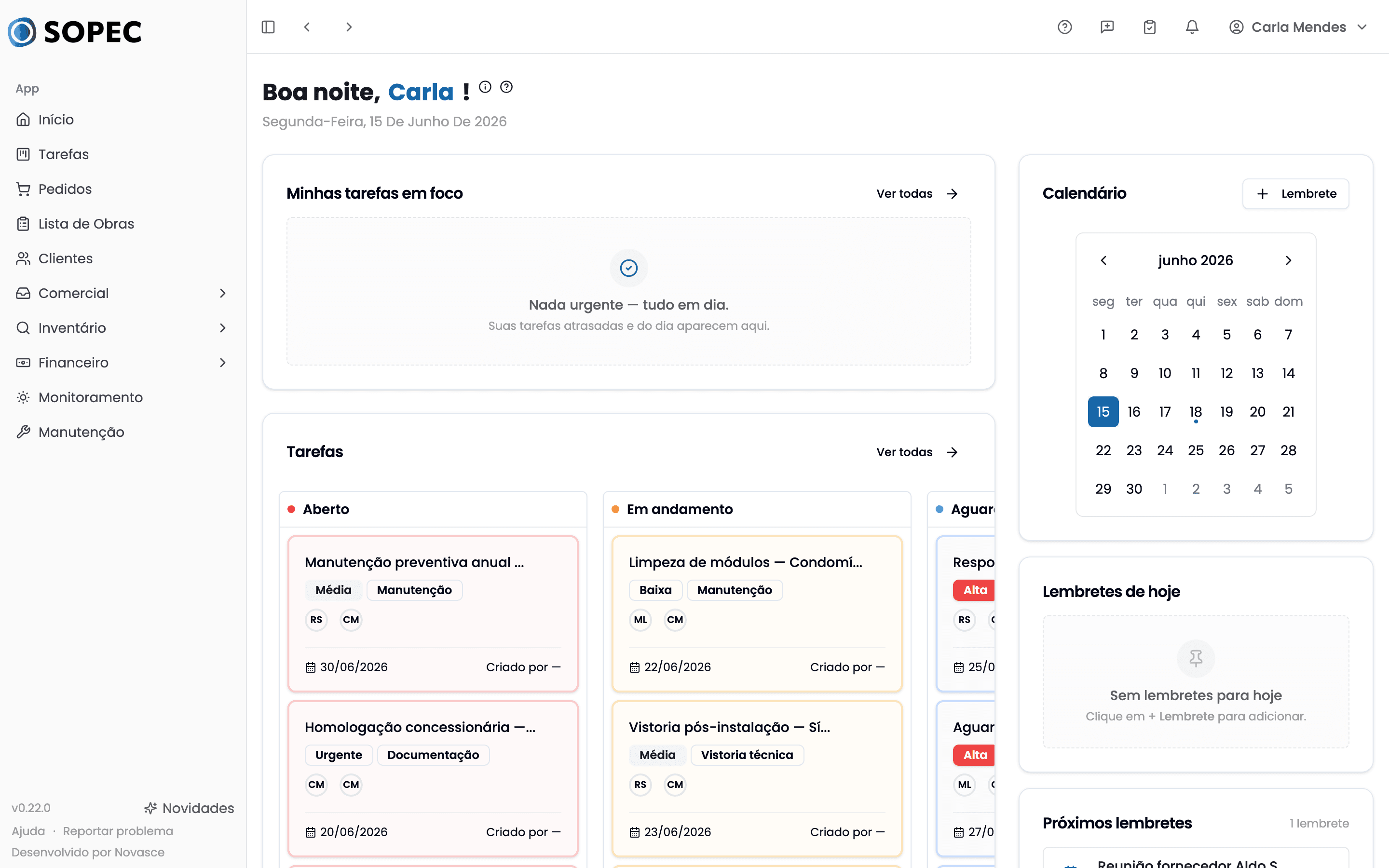 Painel do SOPEC com tarefas da operação, calendário e lembretes